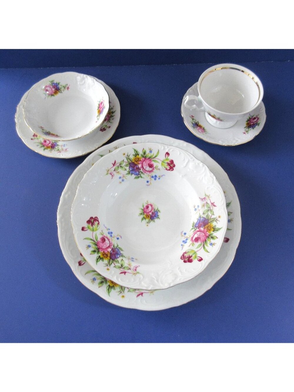 Vtg Royal Kent Poland Bavarian Rose RKT6 China 6 Piece Place Setting Gold Trim